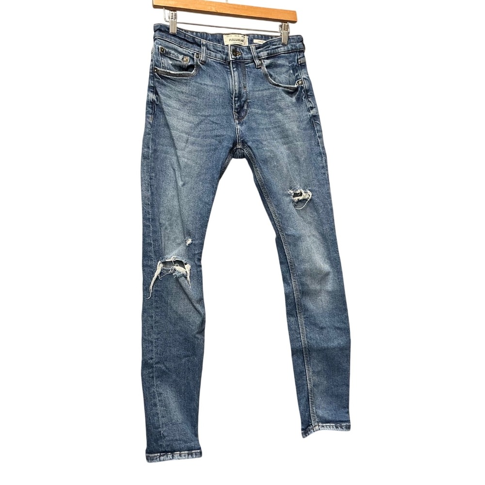 Pull&Bear 90s Denim Collection‎ Ripped Knee Slim Jeans Blue Wash Women's